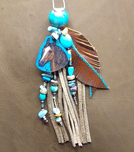 Western leather bag tassel with horse | cowgirl fashion accessories | southwestern purse leather charm | painted horse art | boho tassel