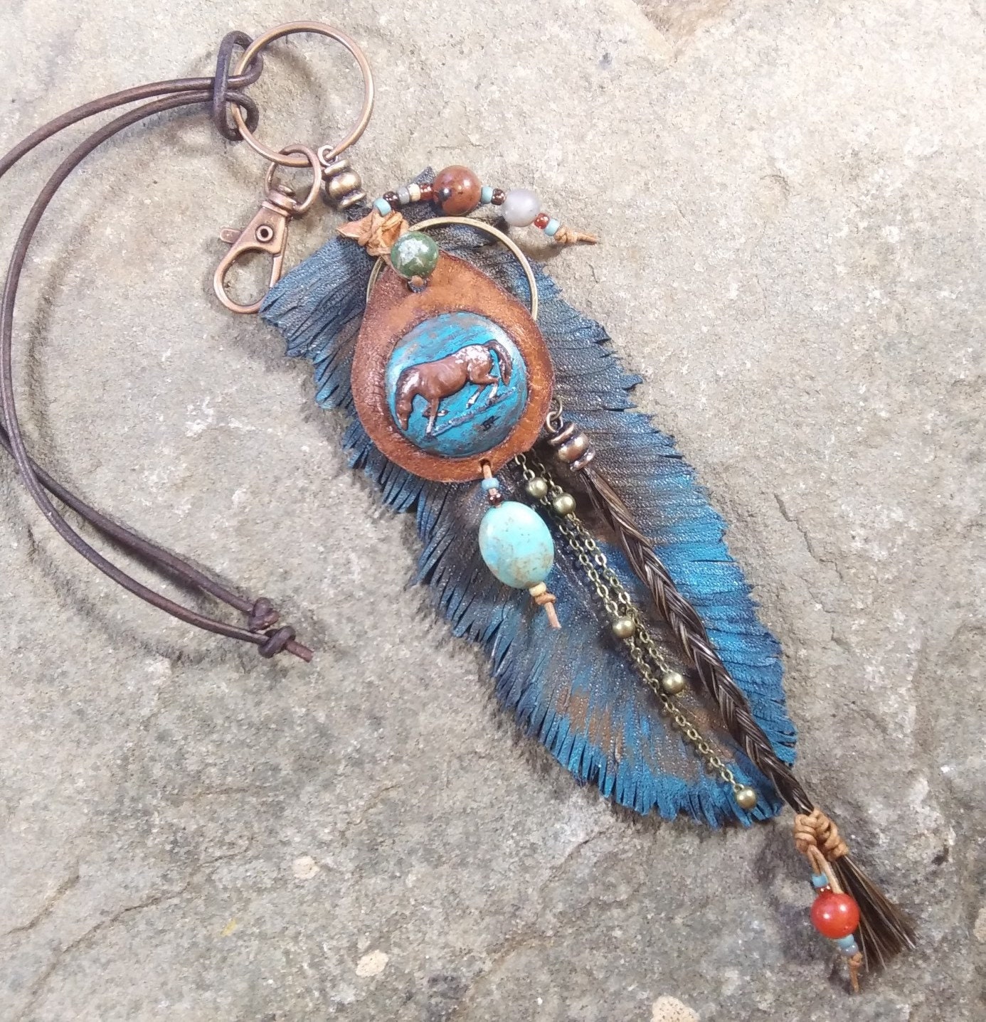 Feather Leather Handbag charm, painted art native southwestern leather bag  charm, boho feathers, painted resin horse charm