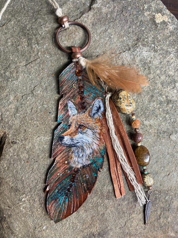 Spirit feather Fox art on leather charm / ornament