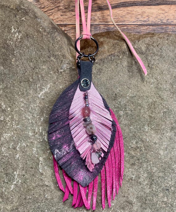 Genuine leather feather bag art keychains