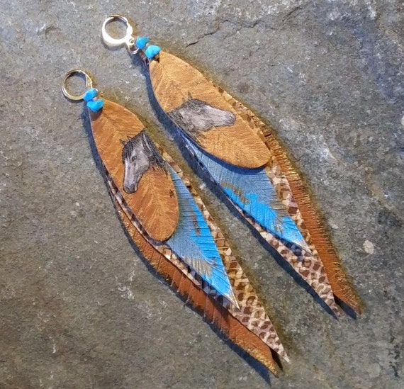 Long painted horse leather feather earrings | boho feather earrings | native american horse art feathers | southwestern leather jewelry