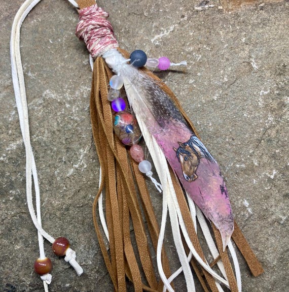 Painted horse art on real feather shades of pink beaded leather tassel western bag charm cowgirl accessories
