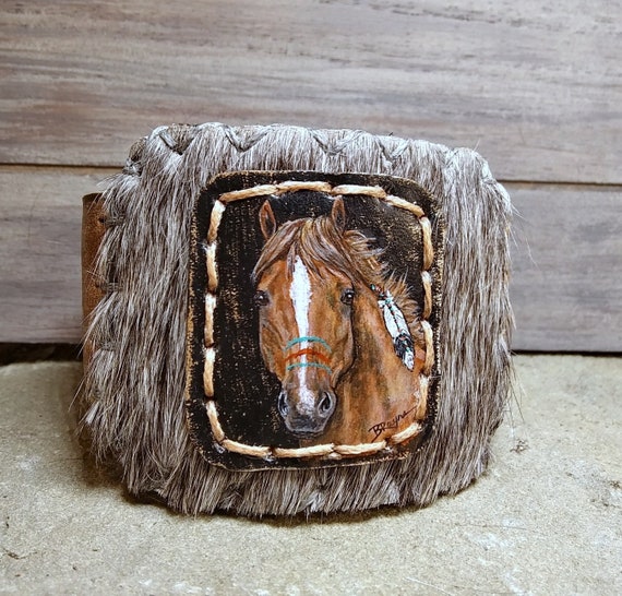 Western leather horse art bracelet | southwestern real leather jewelry | Native inspired horse art leather cuff | boho leather jewelry art