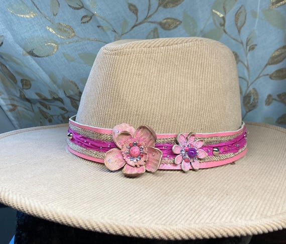 Pink leather flowers cowgirl hat band