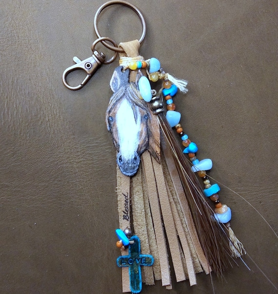 Artist original painted native war pony horse on leather feather | southwestern horse leather tassel keyring bag tag | boho leather tassel