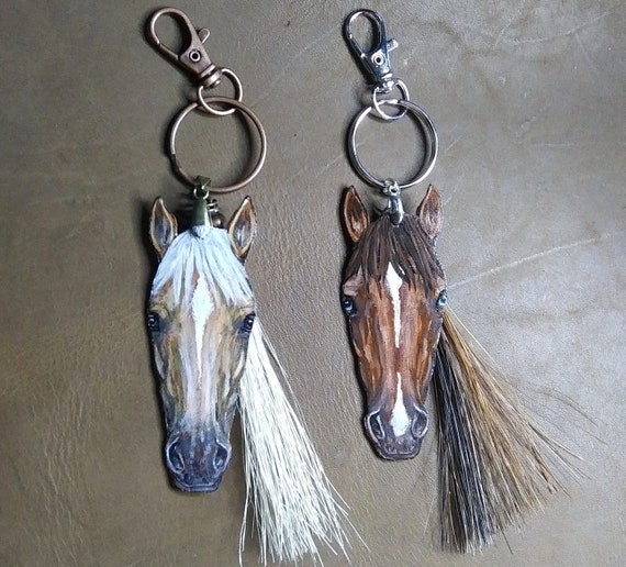 Custom made painted leather horse head to look like your horse equestrian art key ring or hanging charm optional embellishments