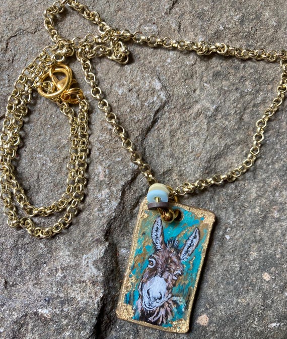 Miniature fine art donkey pendant necklace