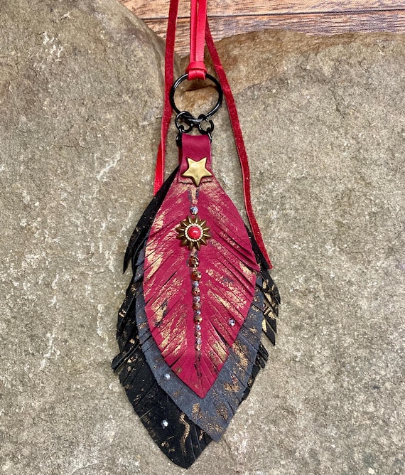 Genuine leather feather bag art keychains