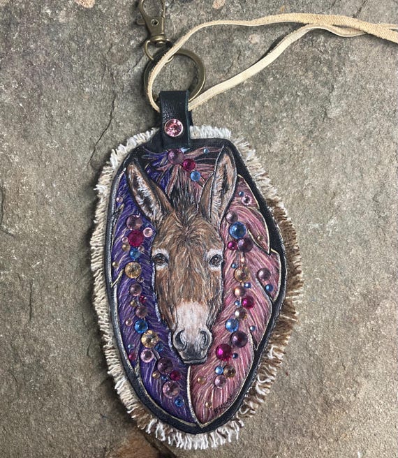 Ready to ship painted leather western blinged donkey art keyring / leather  rhinestones donkey charm / western bag art embellishment
