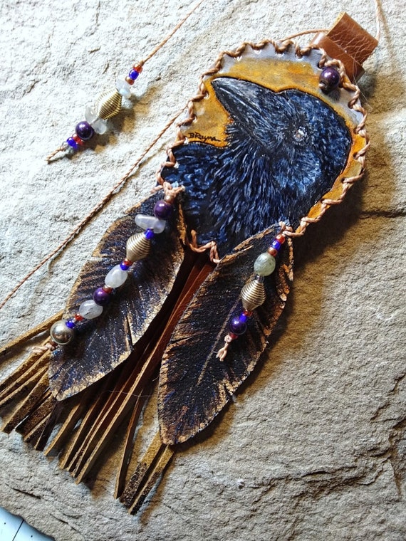 Painted leather feather Raven Crow art | Native Indian inspired Crow animal totem | Bird art leather tassel | Boho leather art bag charm