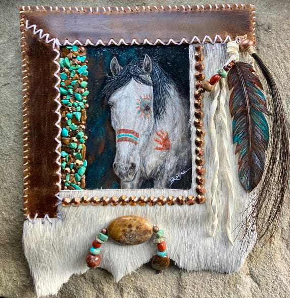 Artist origional textured acrylic Native American Indian war pony horse art custom handmade leather framed painting wall art ready to ship
