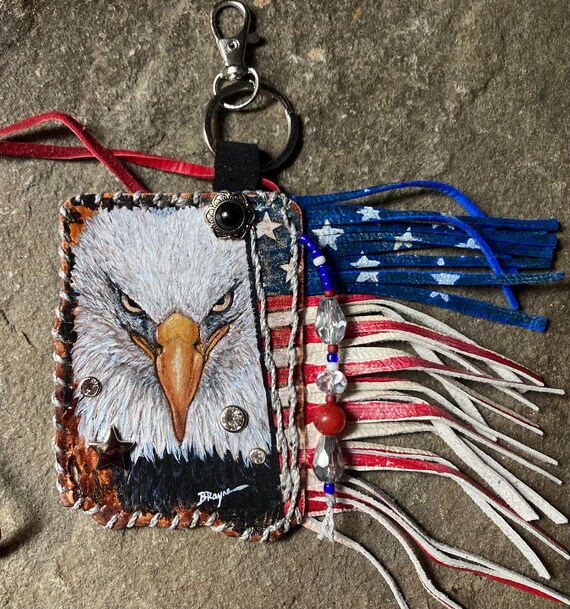 Painted carved bald eagle  fine art leather blinged playing card fringed bag hanging charm / handmade leather eagle hatband art key ring