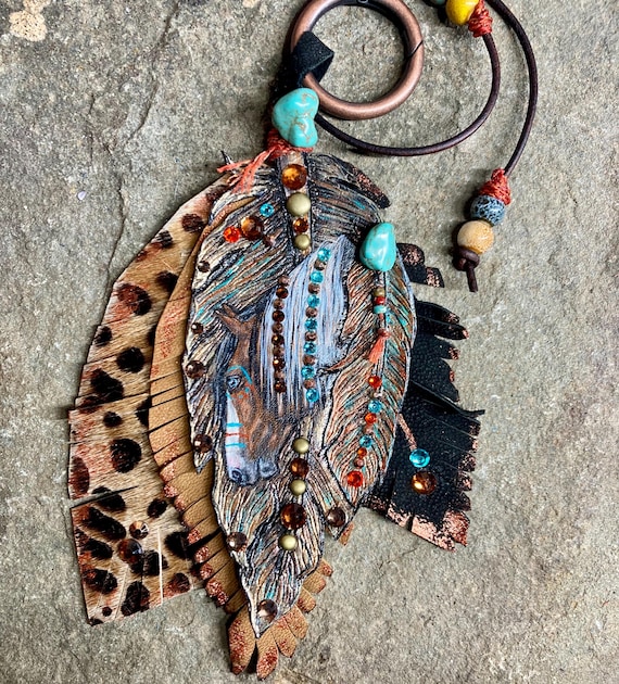 Handmade Leather Feather Charm: Painted Horse, Rhinestone Cowgirl Bag Art