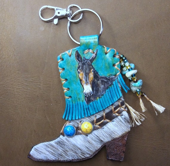 Artist original painted mule art leather bag tag | western boot shaped hair on hide leather charm | mule keychain | southwestern boot art