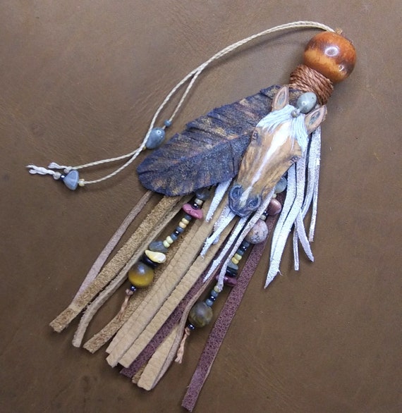 Ready to ship western leather long tassel | Native American horse art leather purse charm | horse saddle charm | beaded leather western art