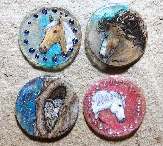 Artist original miniature painted art on resin of horse or owl | choice of phone grip, swivel badge reel, or pin | western phone accessories