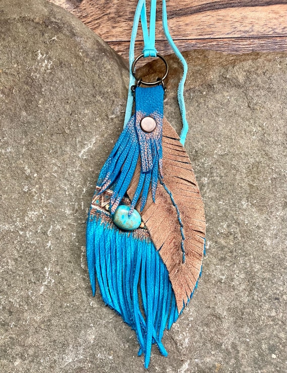 Genuine leather feather bag art keychains
