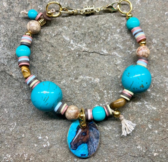 Artist origional tiny fine art horse painted on clay resin mini charm turquoise gemstones beaded western bracelet cowgirl jewelry