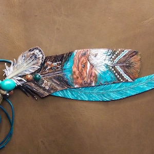 Western hat band painted horse art leather feathers | southwestern cowboy hat band decoration | western fashion accessories painted feathers