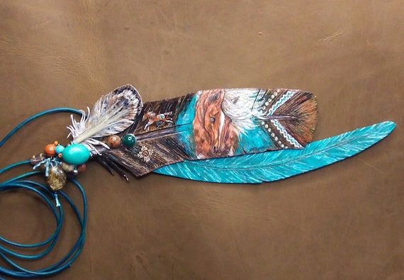 Western hat band painted horse art leather feathers | southwestern cowboy hat band decoration | western fashion accessories painted feathers