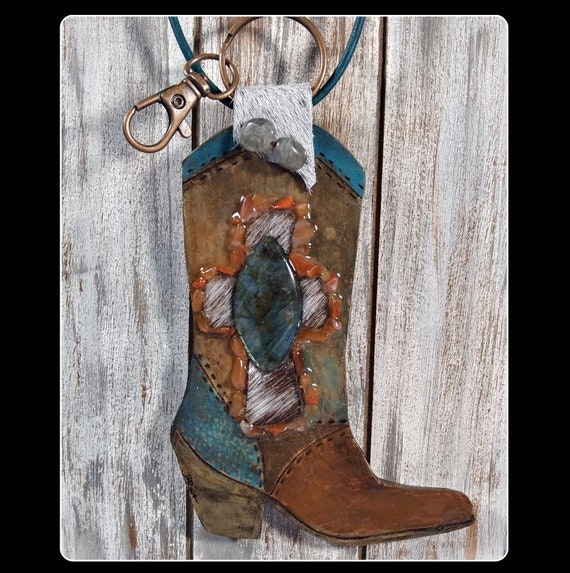 western cross decor painted cowgirl leather boot charm | southwestern leather purse charm| tooled leather bag tag | cowgirl decor | boot art