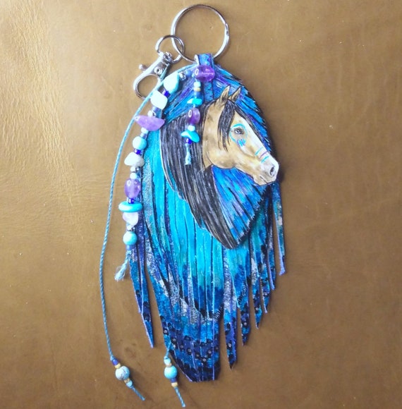 Artist original painted native war pony horse on leather feather | boho leather painted feather tassel | western leather purse horse charm