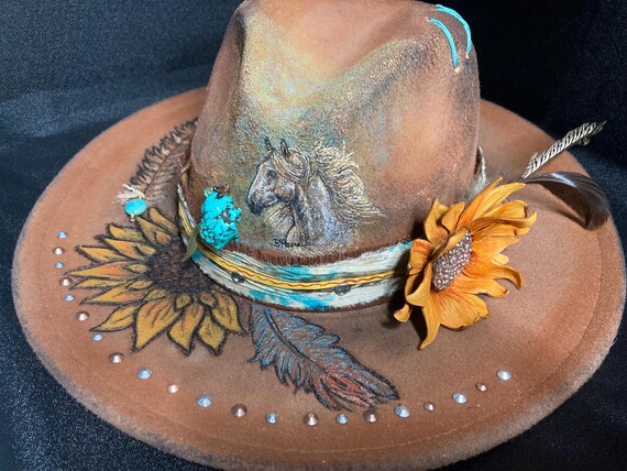 Painted horse fine art fedora style western felt hat with leather sunflower and rhinestones custom band embellishment