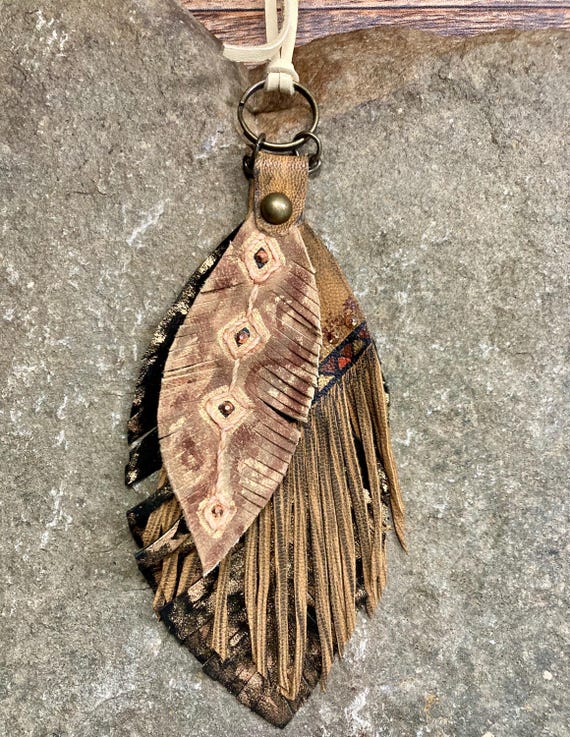Genuine leather feather bag art keychains