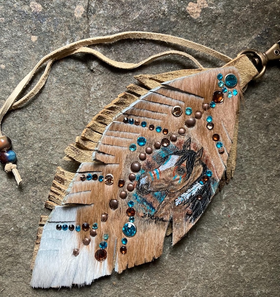 Ready to ship painted horse art on hair on hide leather feather / western leather bag embellishment / rhinestones and leather cowgirl bling