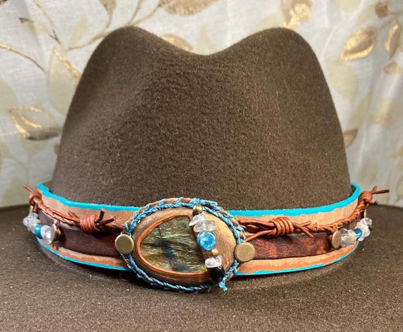 Western themed Labradorite and leather hat band