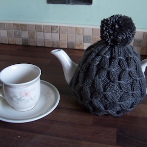 Traditional Style Hand knitted Tea Cosy with pom pom for Small and Medium size Tea Pot Other colours available Grey