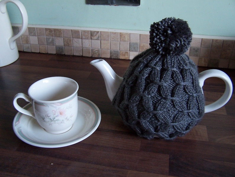 Traditional Style Hand knitted Tea Cosy with pom pom for Small and Medium size Tea Pot Other colours available Grey