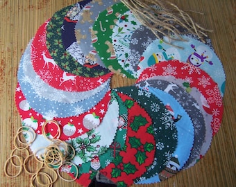 15/30/50 x Christmas Cotton Fabric Jam Jar Covers, Chutney, Pickles Sweetie with elastic band and jute tie