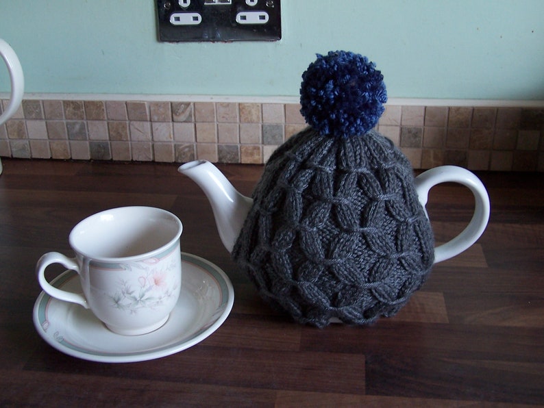 Traditional Style Hand knitted Tea Cosy with pom pom for Small and Medium size Tea Pot Other colours available Denim Blue