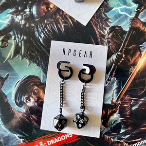 Polydice Earrings. D20, D6 Hoop Huggie Earrings Black Unisex nerdy Dice
