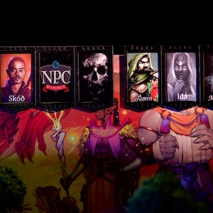 Puede incluir: Ilustraci&oacute;n de tem&aacute;tica fant&aacute;stica con pancartas que muestran retratos de personajes y el texto "NPC". Las pancartas est&aacute;n sobre figuras con ropa y accesorios coloridos. La imagen tiene un fondo oscuro.