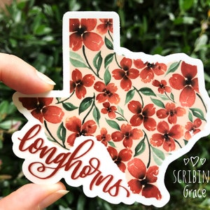 Vinylsticker Longhorns Texas bloemen | Sticker verbrand oranje aquarel Texas | Telefoonsticker met bloemen | Aquarel laptopsticker