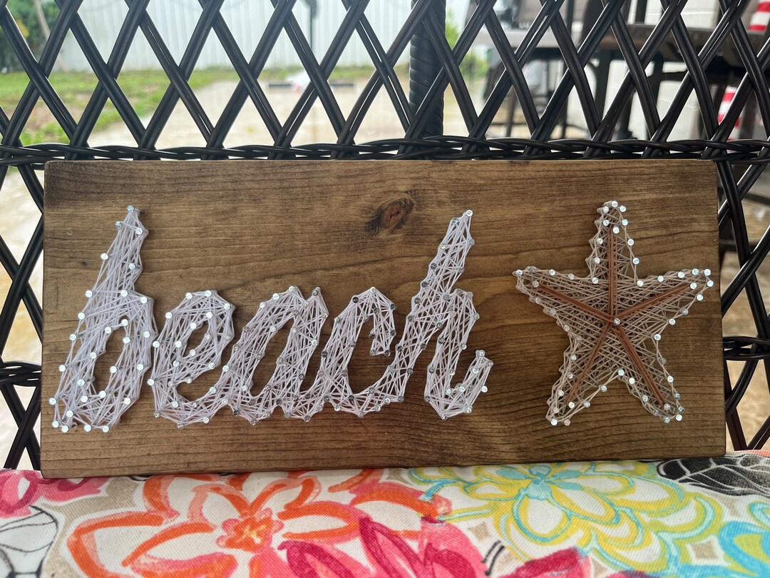Handmade Beach and Starfish String Art Wood Plaque. Beach Decor, Beach
