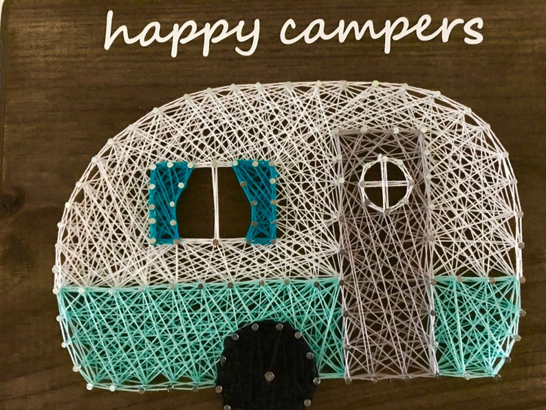 Happy Campers Sign, Vintage Camper Decor, Blue Vintage Retro RV Camper Decor, Wood Sign, String Art, RV Signs, Rv Decor, Retirement Decor image 4