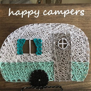 Happy Campers Sign, Vintage Camper Decor, Blue Vintage Retro RV Camper Decor, Wood Sign,  String Art, RV Signs, Rv Decor, Retirement Decor