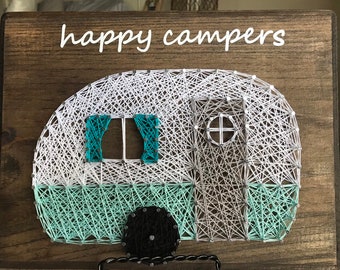 Happy Campers Sign, Vintage Camper Decor, Blue Vintage Retro RV Camper Decor, Wood Sign,  String Art, RV Signs, Rv Decor, Retirement Decor