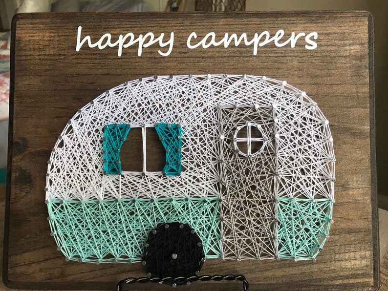 Happy Campers Sign, Vintage Camper Decor, Blue Vintage Retro RV Camper Decor, Wood Sign, String Art, RV Signs, Rv Decor, Retirement Decor image 1