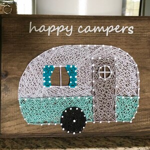 Happy Campers Sign, Vintage Camper Decor, Blue Vintage Retro RV Camper Decor, Wood Sign, String Art, RV Signs, Rv Decor, Retirement Decor image 2