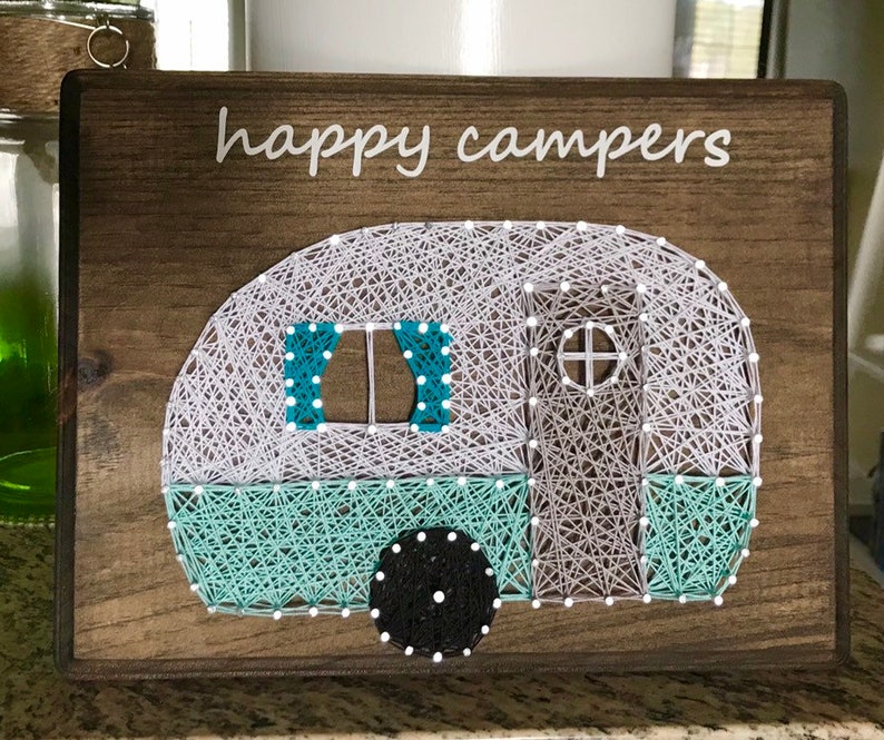 Happy Campers Sign, Vintage Camper Decor, Blue Vintage Retro RV Camper Decor, Wood Sign, String Art, RV Signs, Rv Decor, Retirement Decor image 2