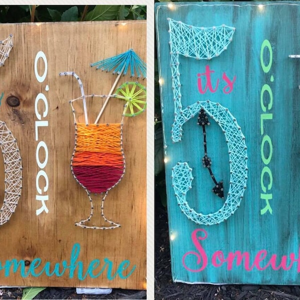 Made to Order, It's 5 o'clock Somewhere, Bar Decor, String Art, Wood Sign, Wall Hanging, Home Decor, Cocktail Sign, Tropical Decor