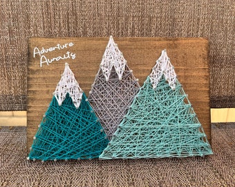 Adventure Awaits w/ Mountains String Art, Mountains Decor, Camping Decor, Mountains Sign, Snow Capped Mountains,  Camping Decor. Adventure