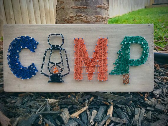 CAMP Wood String Art With Lantern and Pine Tree, Camping Sign