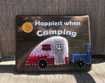 Ready to Ship: Happiest When Camping Vintage Rv Retro Camper String Art, Rv Decor, Camping Decor, RV String Art, Retro String Art, Camping