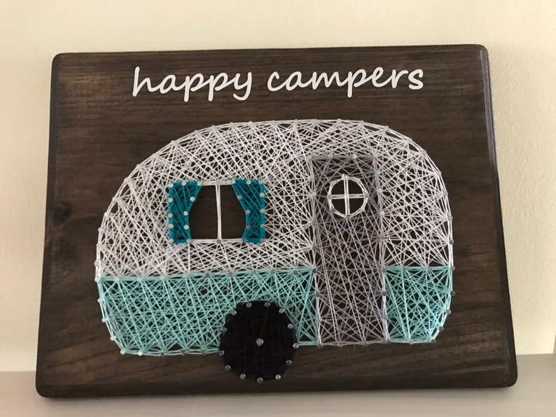 Happy Campers Sign, Vintage Camper Decor, Blue Vintage Retro RV Camper Decor, Wood Sign, String Art, RV Signs, Rv Decor, Retirement Decor image 6