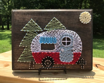 Vintage Red Retro Camper Sign, Retro Red RV Sign, RV Decor, Camper w/Trees Moon Wood Sign, String Art, Rv Decor, RV Sign, Retro Rv Sign